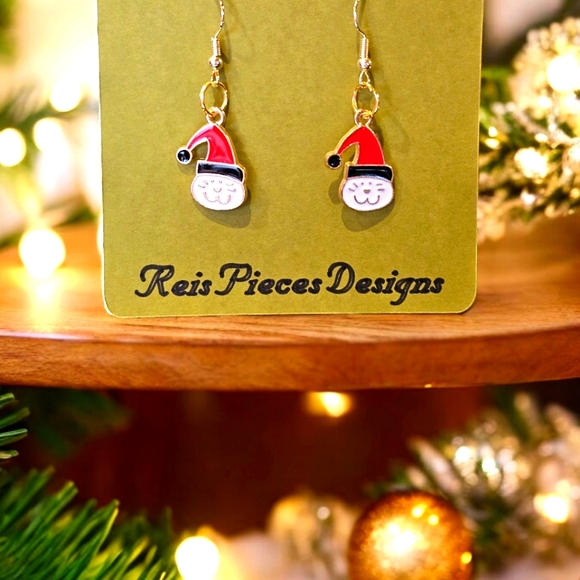 Red & White Enamel Christmas Cat Dangle Earrings • Gold-Tone Holiday Jewelry - Picture 5 of 5